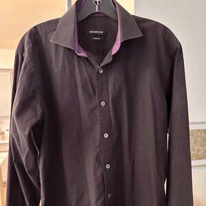 Bugatchi Men’s Button-Down Shirt | Black with Purple Contrast | Size Medium | Sh